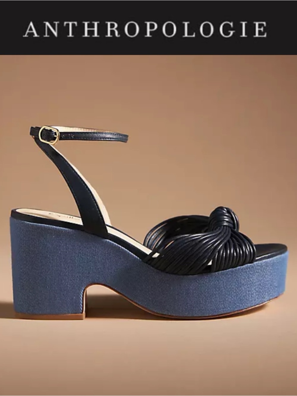ANTHROPOLOGIE GUILHERMINA KNOTTED PLATFORM SANDALS NAVY LEATHER DENIM SIZE 7